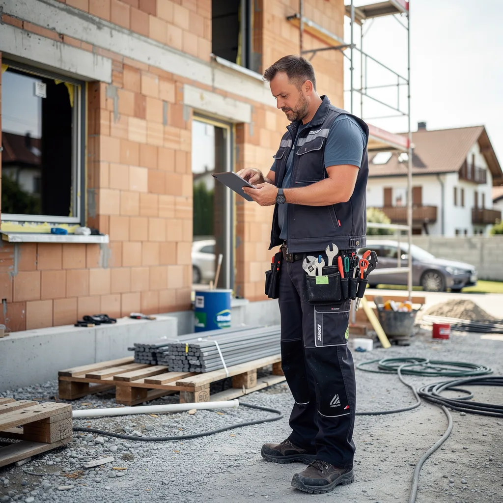 Handwerker in Arbeitskleidung mit Werkzeuggürtel prüft ein Tablet auf einer Baustelle vor einem Rohbau mit Baugerüst